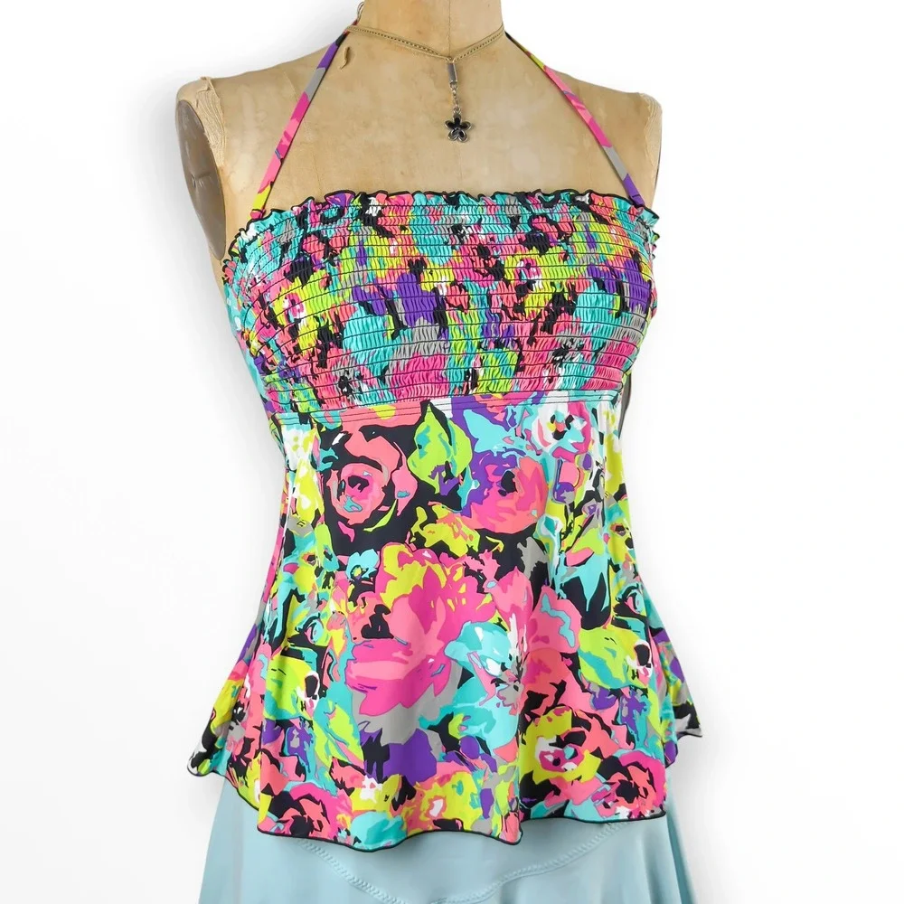 Y2K Neon Floral Tankini Top Smocked Halter Swim Kenneth Cole Retro Size S